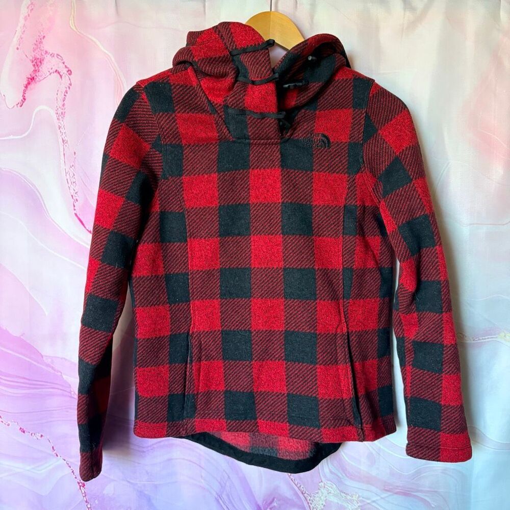 The North Face S Red Black Plaid Crescent Hoodie Pullover Outdoors Retro Hiking